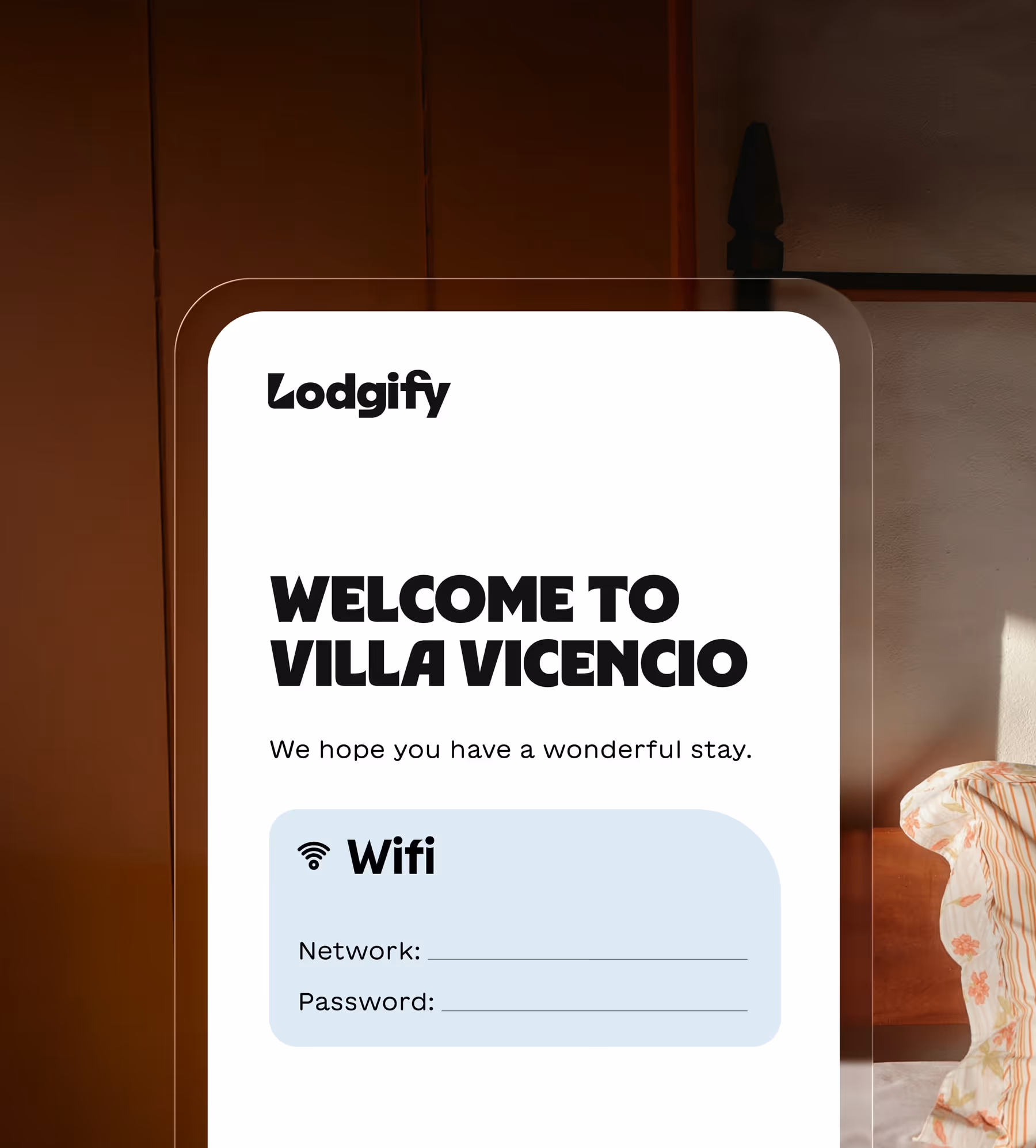 Welcome sign for Villa Vicencio from Lodgify showing a message hoping guests have a wonderful stay and blank fields for wifi network and password.
