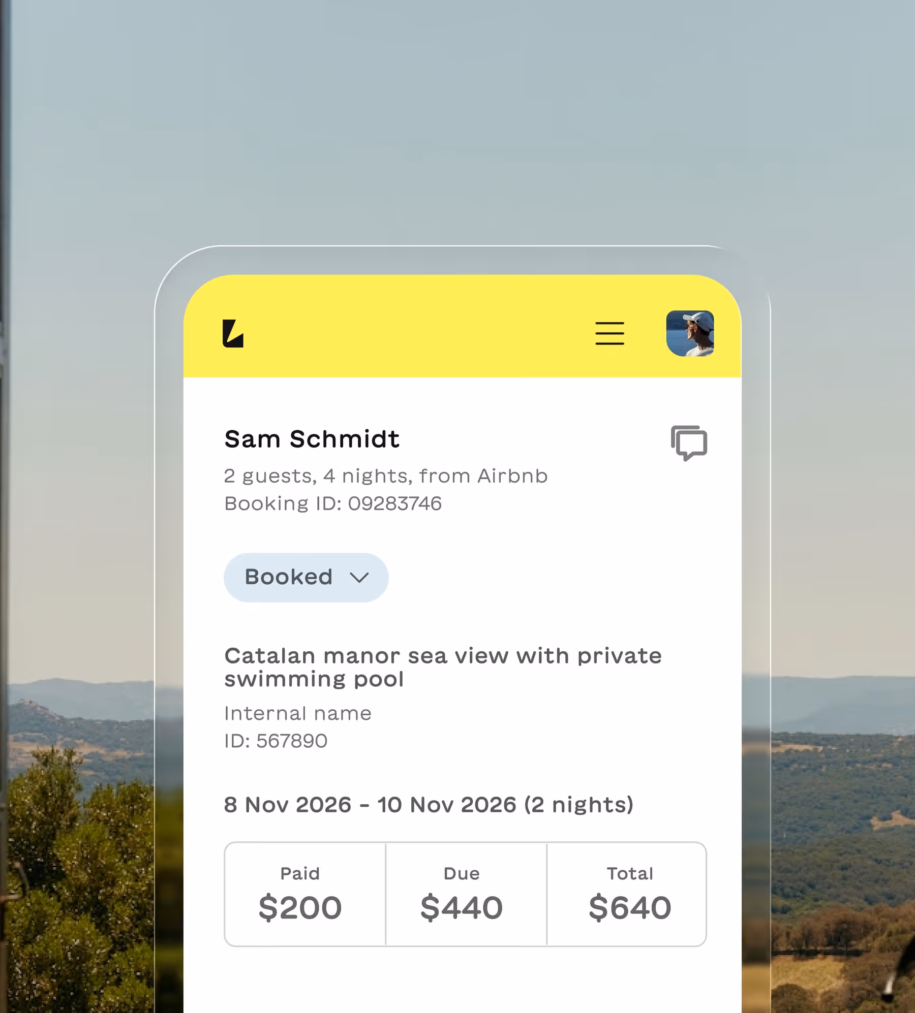 Mobile app screen showing booking details for Sam Schmidt with 2 guests, 4 nights on Airbnb, booked Catalan manor sea view with private pool from 8 to 10 Nov 2026, total cost $640 with $200 paid and $440 due.