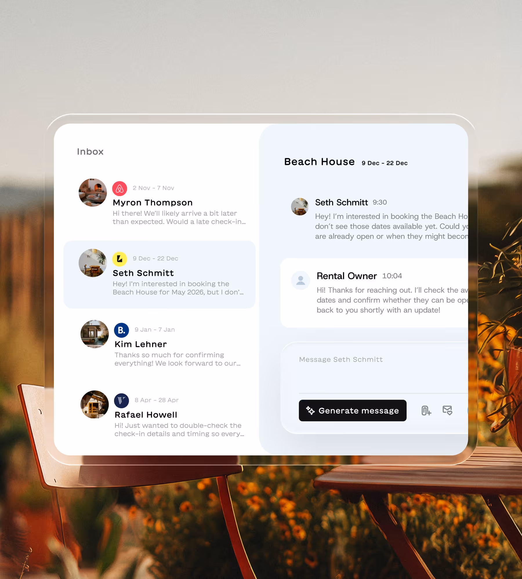 Mobile app interface showing an inbox with messages from Myron Thompson, Seth Schmitt, Kim Lehner, and Rafael Howell, and a conversation about booking a Beach House with rental owner responses.