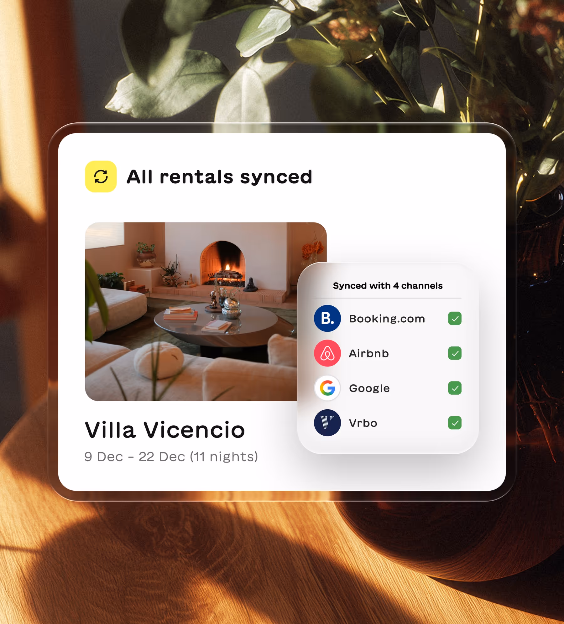 Rental listing for Villa Vicencio from Dec 9 to 22 with a cozy living room and synced bookings on Booking.com, Airbnb, Google, and Vrbo.