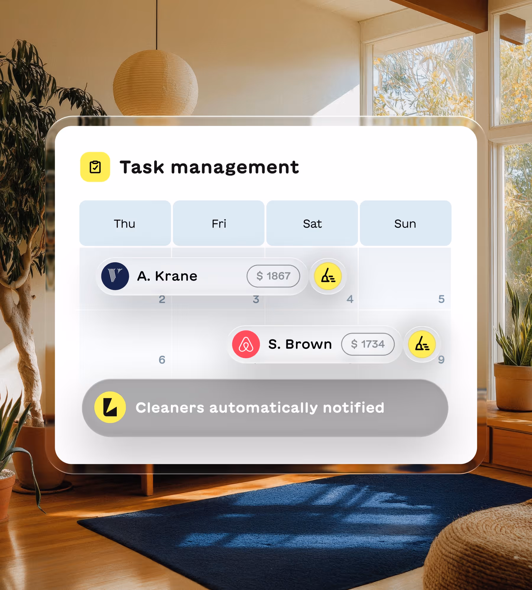 Task management schedule showing cleaning assignments for A. Krane and S. Brown with task completion icons and earnings, displayed over a cozy room background.