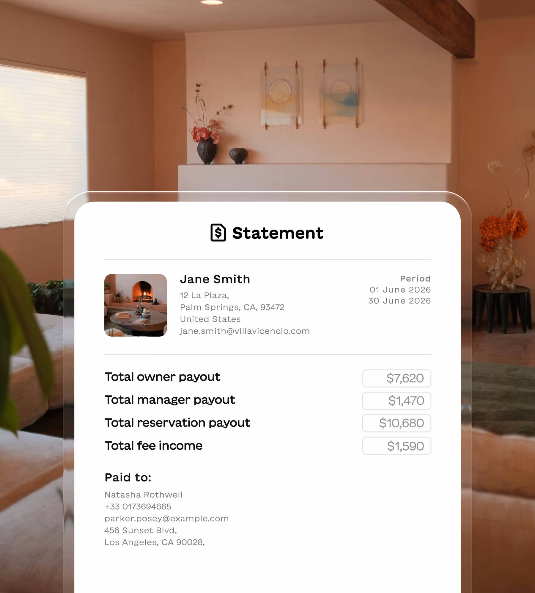 Financial statement for Jane Smith in Palm Springs for June 2026, detailing owner payout, manager payout, reservation payout, and fee income.