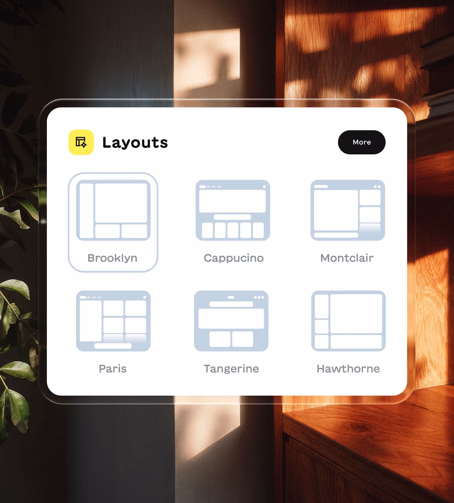 User interface showing six website layout options named Brooklyn, Cappuccino, Montclair, Paris, Tangerine, and Hawthorne with Brooklyn highlighted.