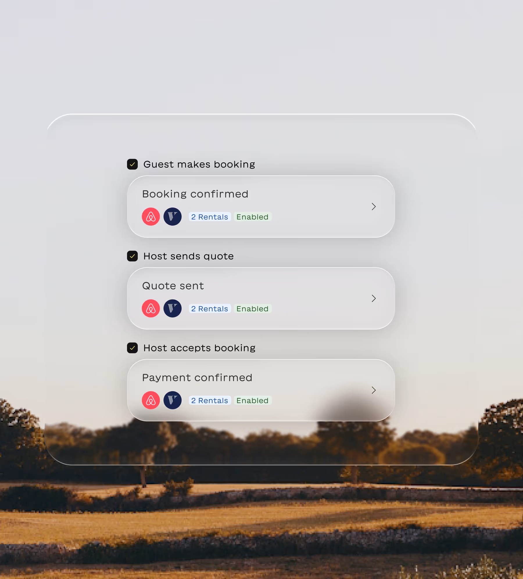 Task management interface showing three steps with check marks: Guest makes booking with booking confirmed, Host sends quote with quote sent, and Host accepts booking with payment confirmed, each enabled for 2 Rentals on Airbnb and Vrbo.