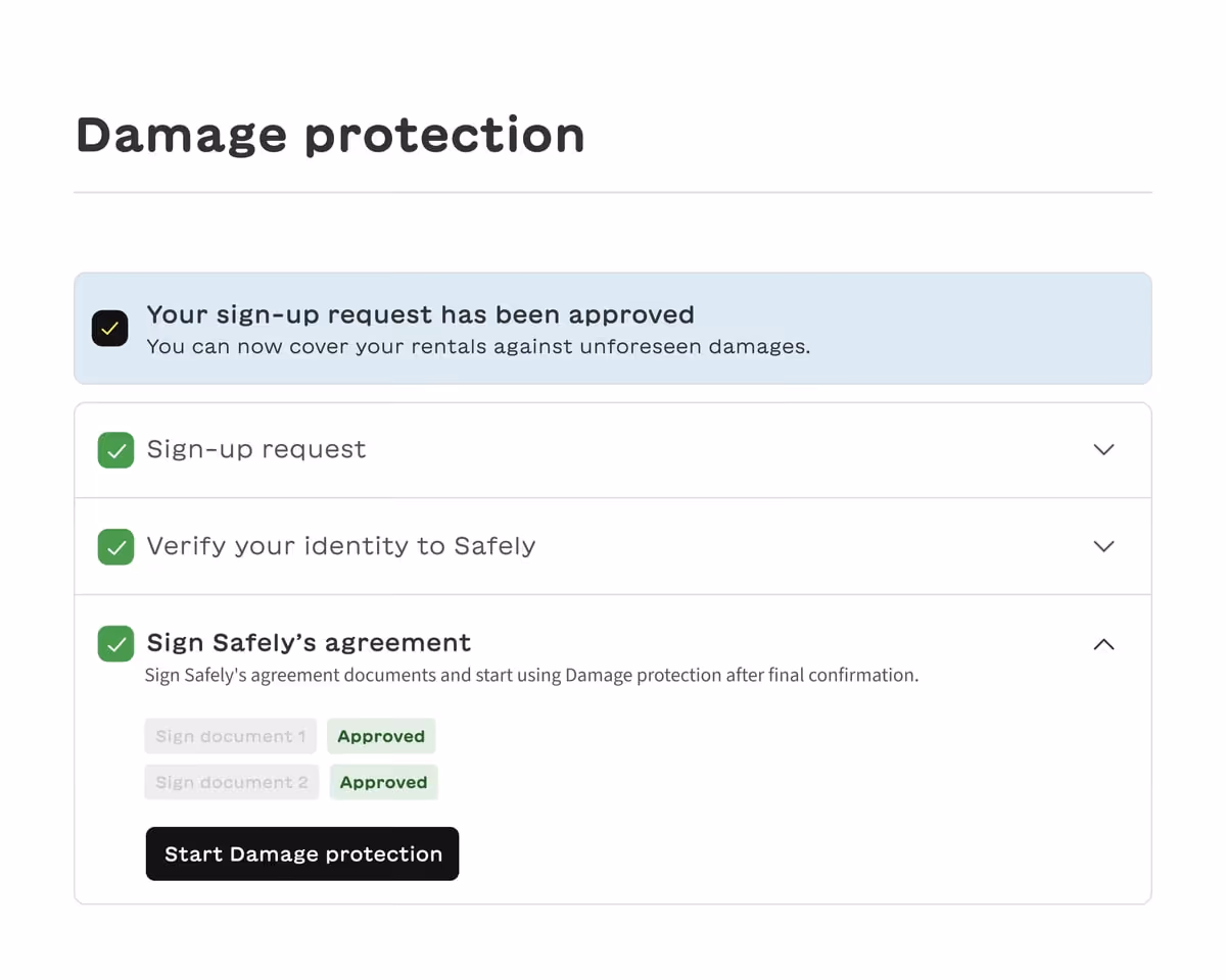 Damage protection interface showing approved sign-up request, verified identity, approved agreements, and a button to start damage protection.
