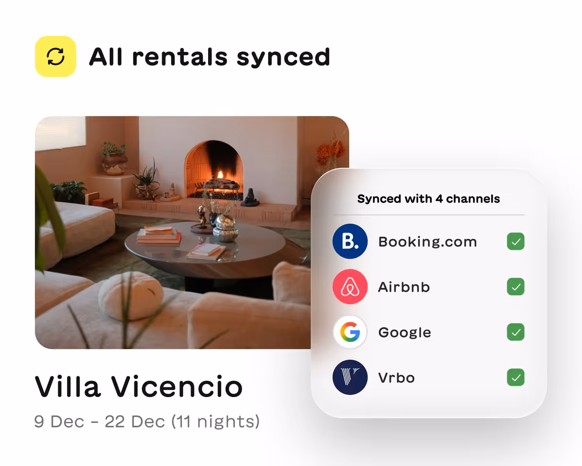 Living room with a fireplace and a round coffee table, showing rental Villa Vicencio synced across Booking.com, Airbnb, Google, and Vrbo.