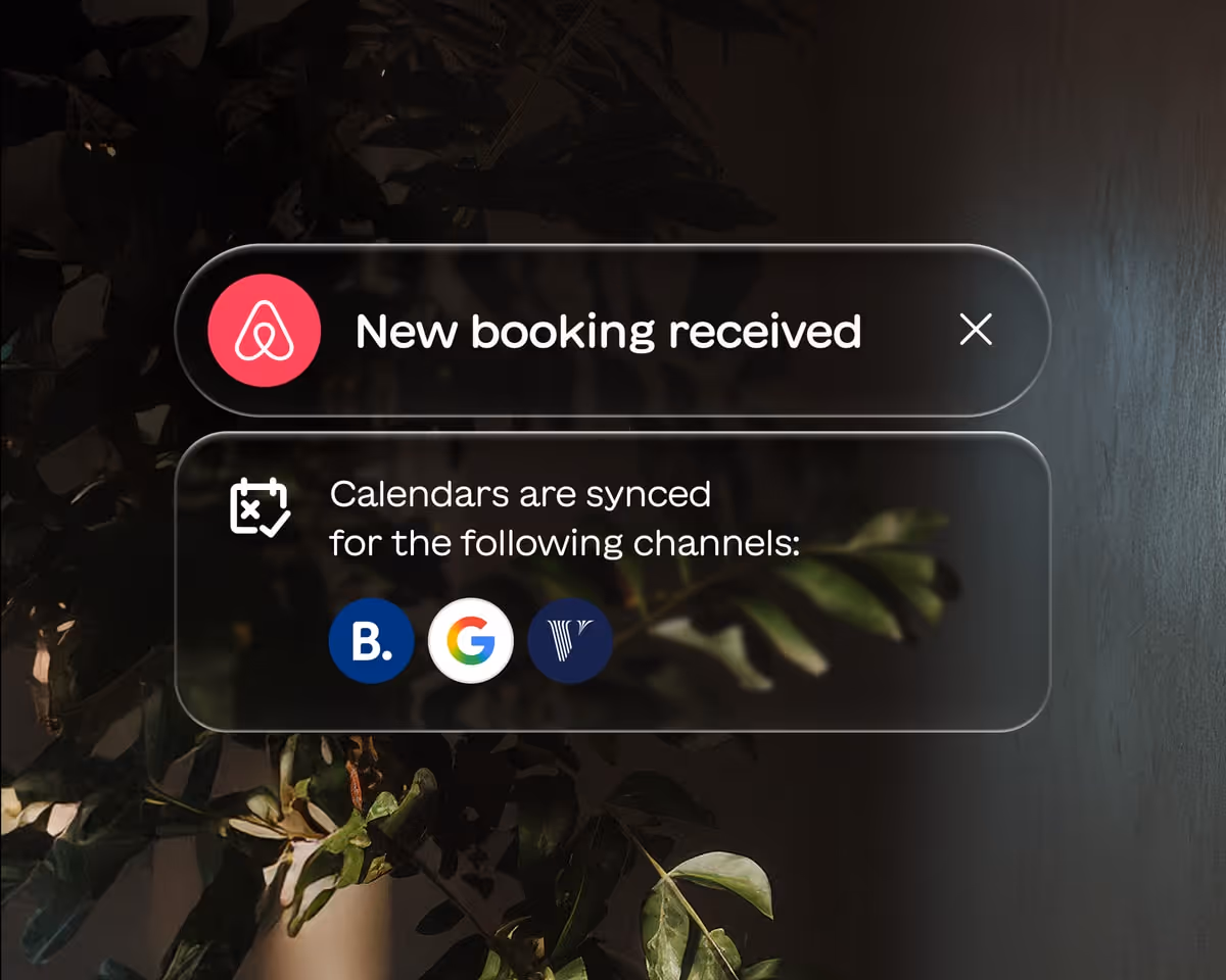 Notification showing 'New booking received' with calendar sync icons for Booking.com, Google, and Vrbo channels.