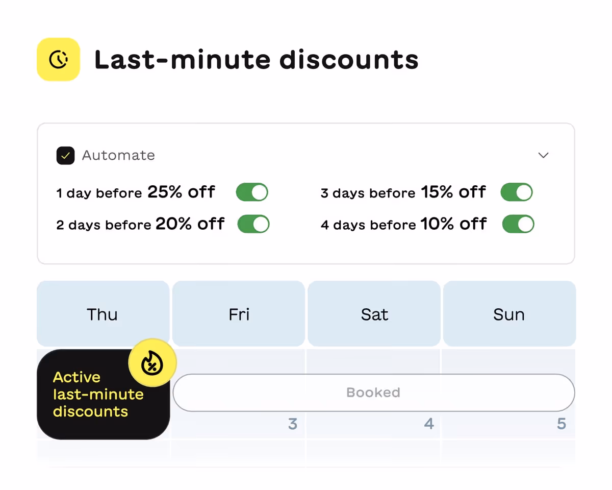 Last-minute discounts settings with toggled automatic discounts of 25% off 1 day before, 20% off 2 days before, 15% off 3 days before, and 10% off 4 days before, alongside a calendar showing active last-minute discounts for Thursday and booked status on Friday to Sunday.