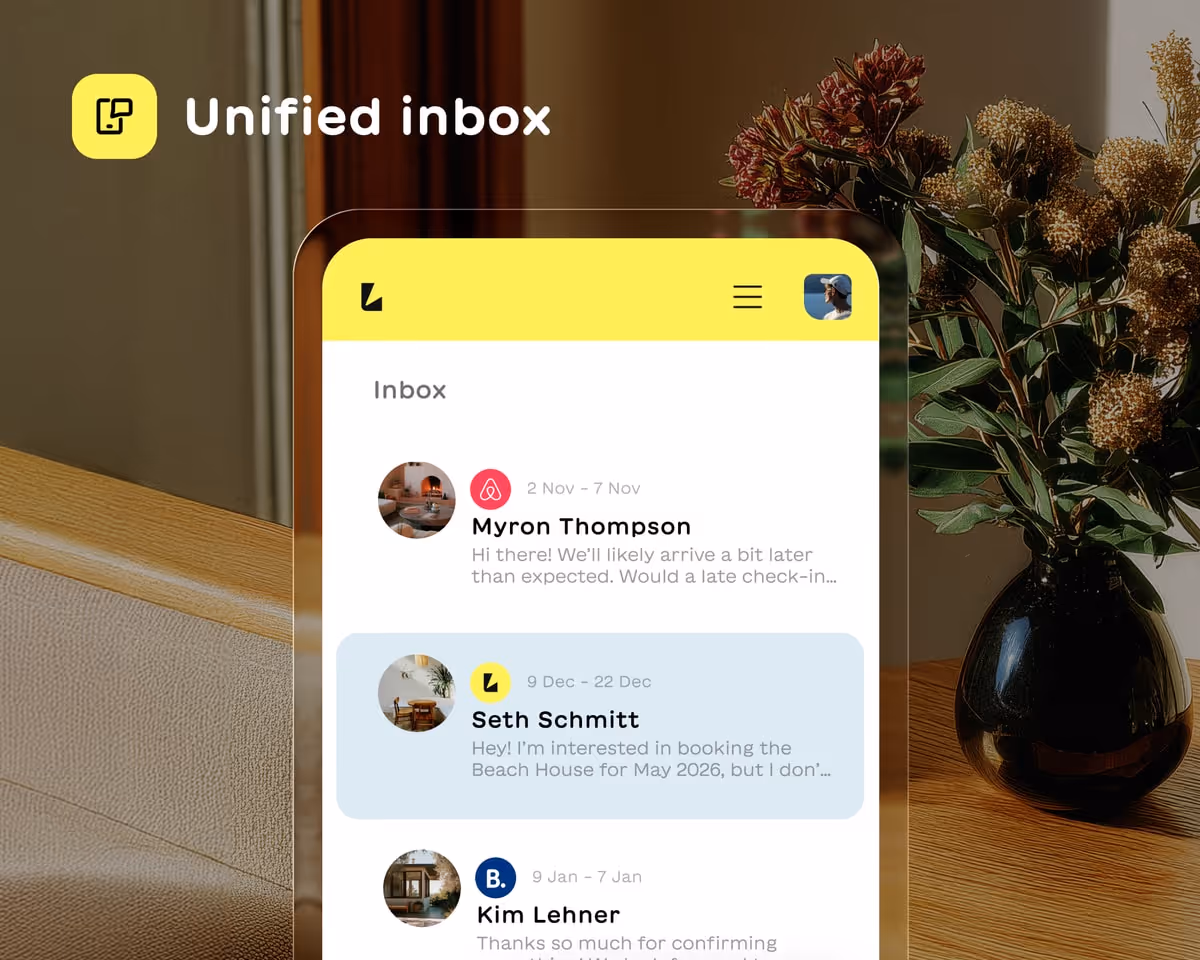 Mobile app interface showing a unified inbox with messages from Myron Thompson, Seth Schmitt, and Kim Lehner on a wooden table background with a vase of flowers.