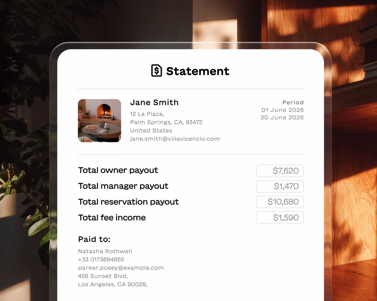 Owner statement for Jane Smith in Palm Springs with payout details and payment to Natasha Rothwell.