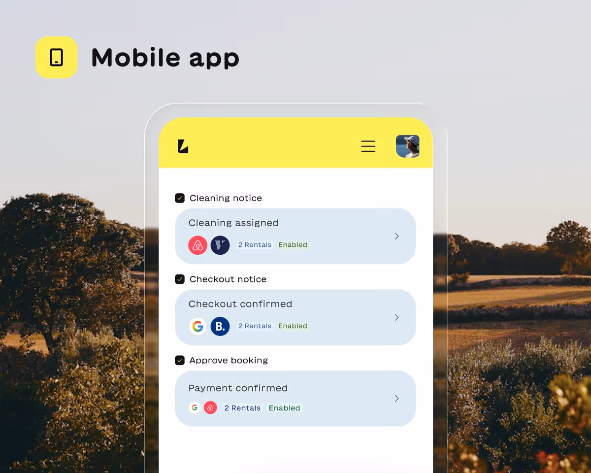 Mobile app interface displaying task management with cleaning, checkout, and booking approval notices enabled for multiple rentals.