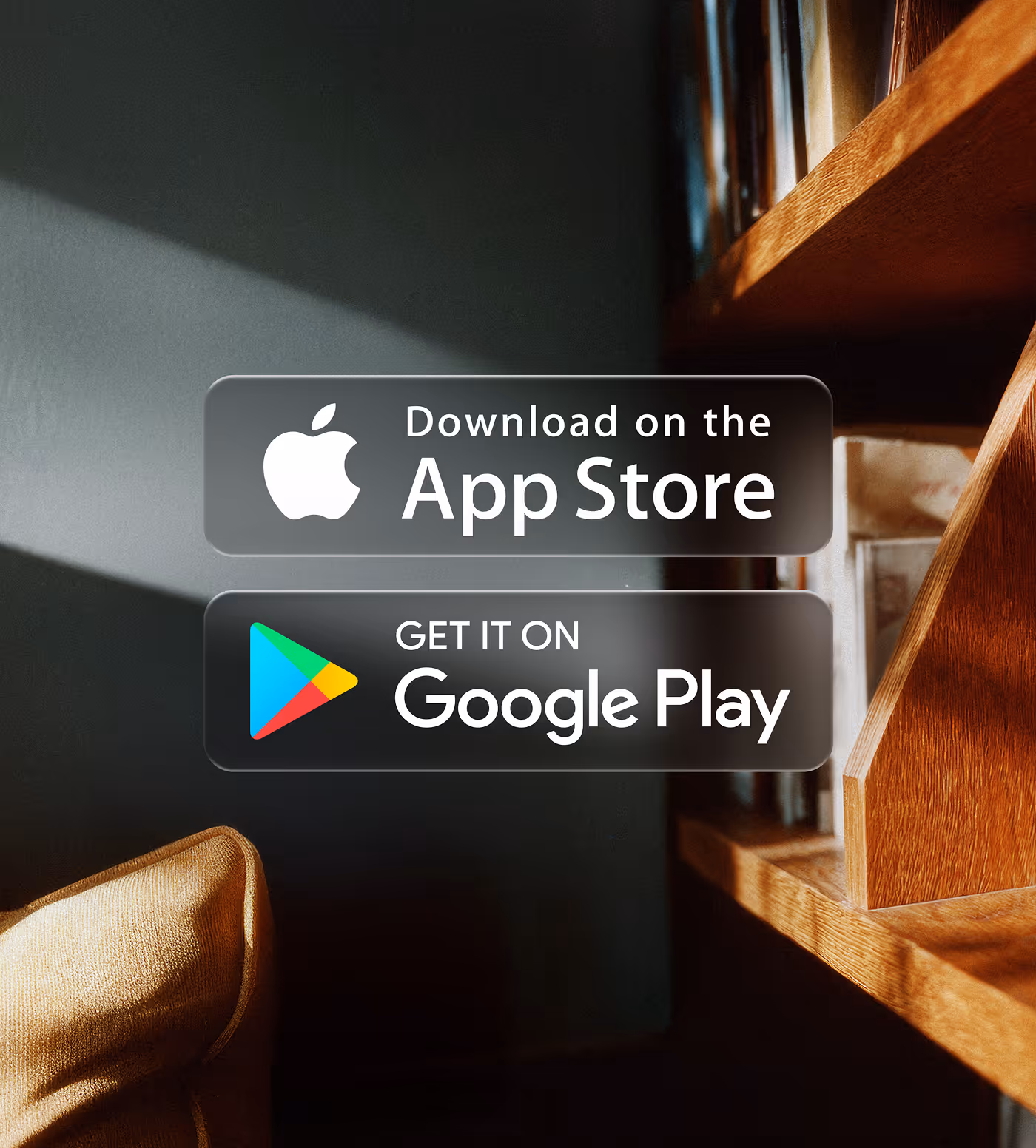 Buttons to download an app from the Apple App Store and Google Play Store with their respective logos.