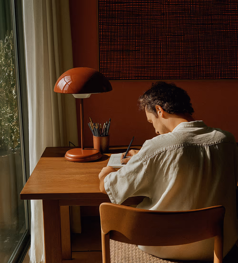 Man in a light shirt sitting at a wooden desk near a window and writing in a notebook with a brown lamp and cup holding pencils.