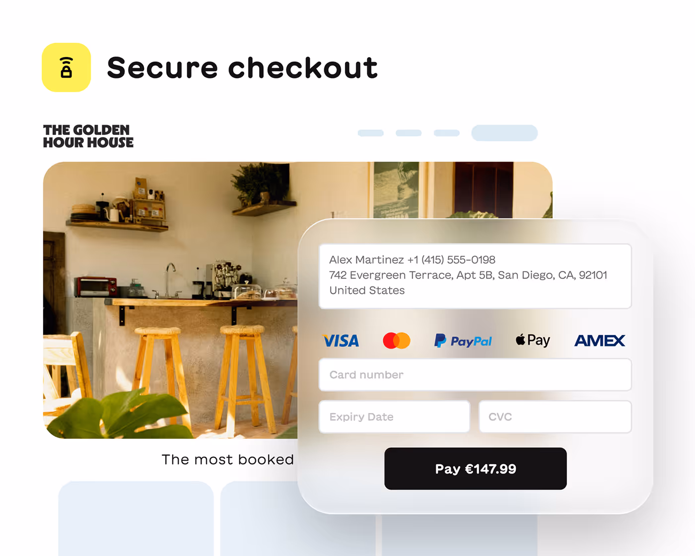 Secure checkout interface for 'The Golden Hour House' showing payment options including Visa, Mastercard, PayPal, Apple Pay, and AMEX, with fields for card number, expiry date, and CVC, and a pay button for €147.99.