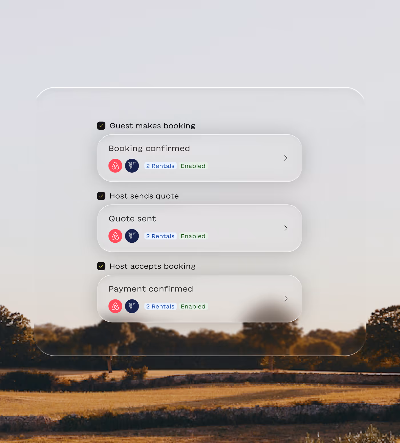 A transparent interface overlay showing booking steps with checkboxes: Guest makes booking (Booking confirmed), Host sends quote (Quote sent), and Host accepts booking (Payment confirmed), each enabled for 2 rentals on Airbnb and Vrbo.
