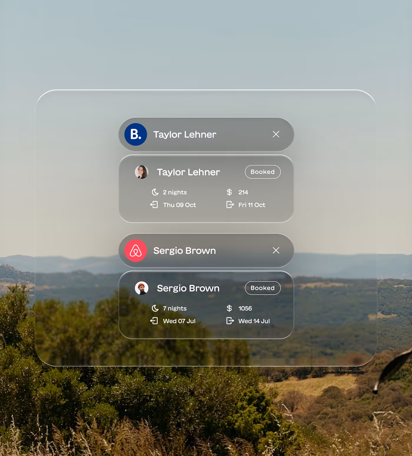 User interface showing vacation rental bookings for Taylor Lehner and Sergio Brown, with dates, nights, and prices.