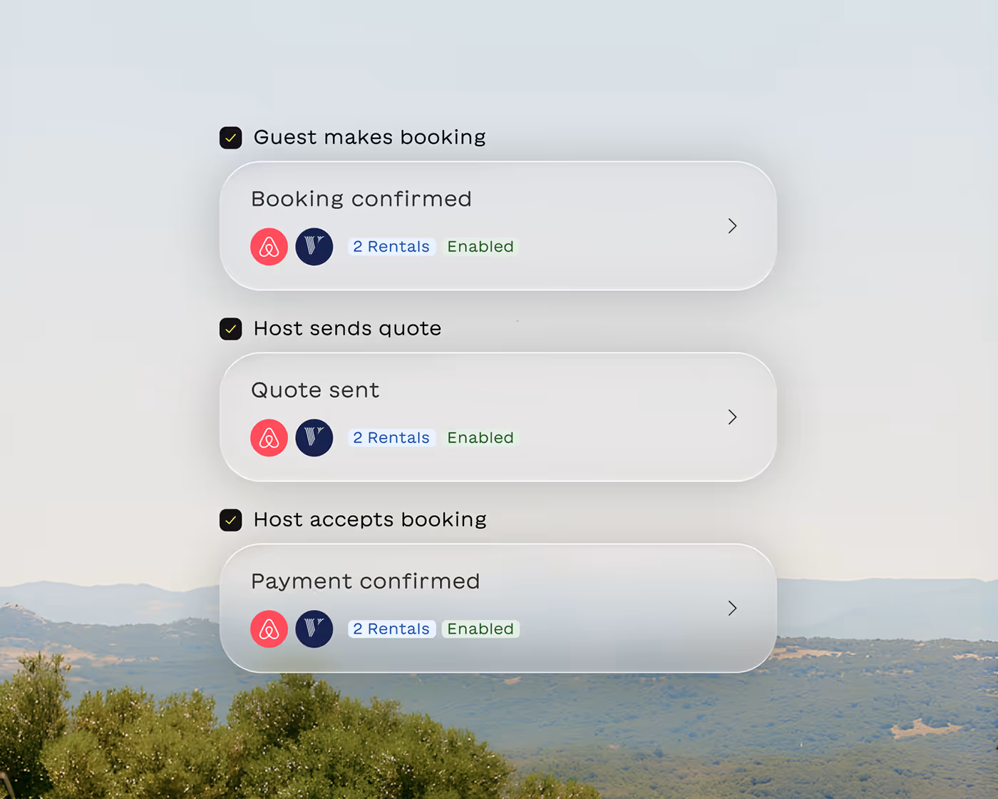 Three-step booking process: Guest makes booking with booking confirmed, host sends quote with quote sent, and host accepts booking with payment confirmed, each step showing Airbnb and Vrbo icons, 2 rentals and enabled status.