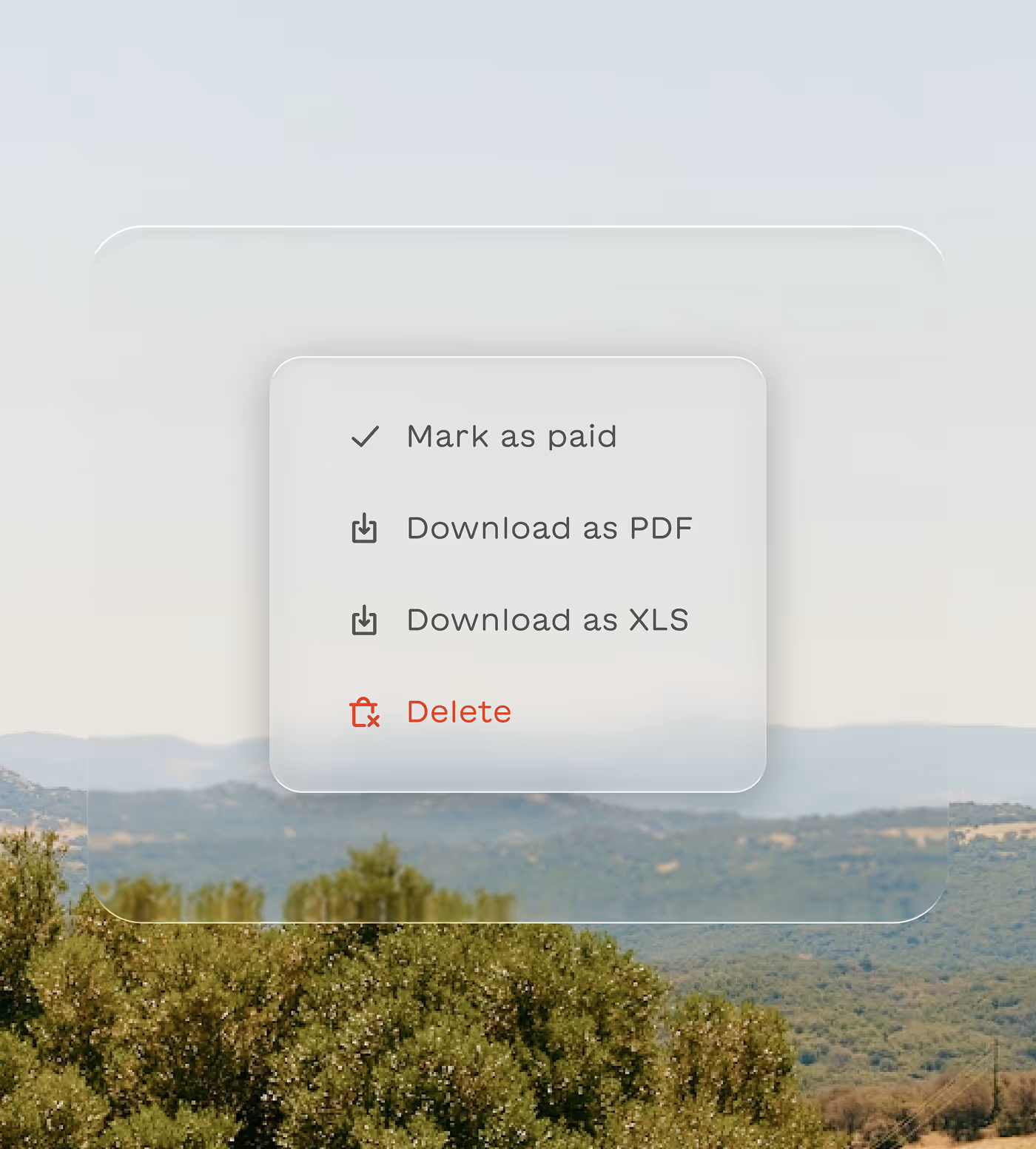 Popup menu with options: Mark as paid, Download as PDF, Download as XLS, and Delete in red text with a trash icon.