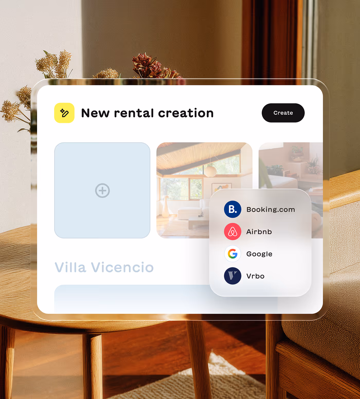 User interface for creating a new rental listing named Villa Vicencio, showing photo upload slots and options to list on Booking.com, Airbnb, Google, and Vrbo.
