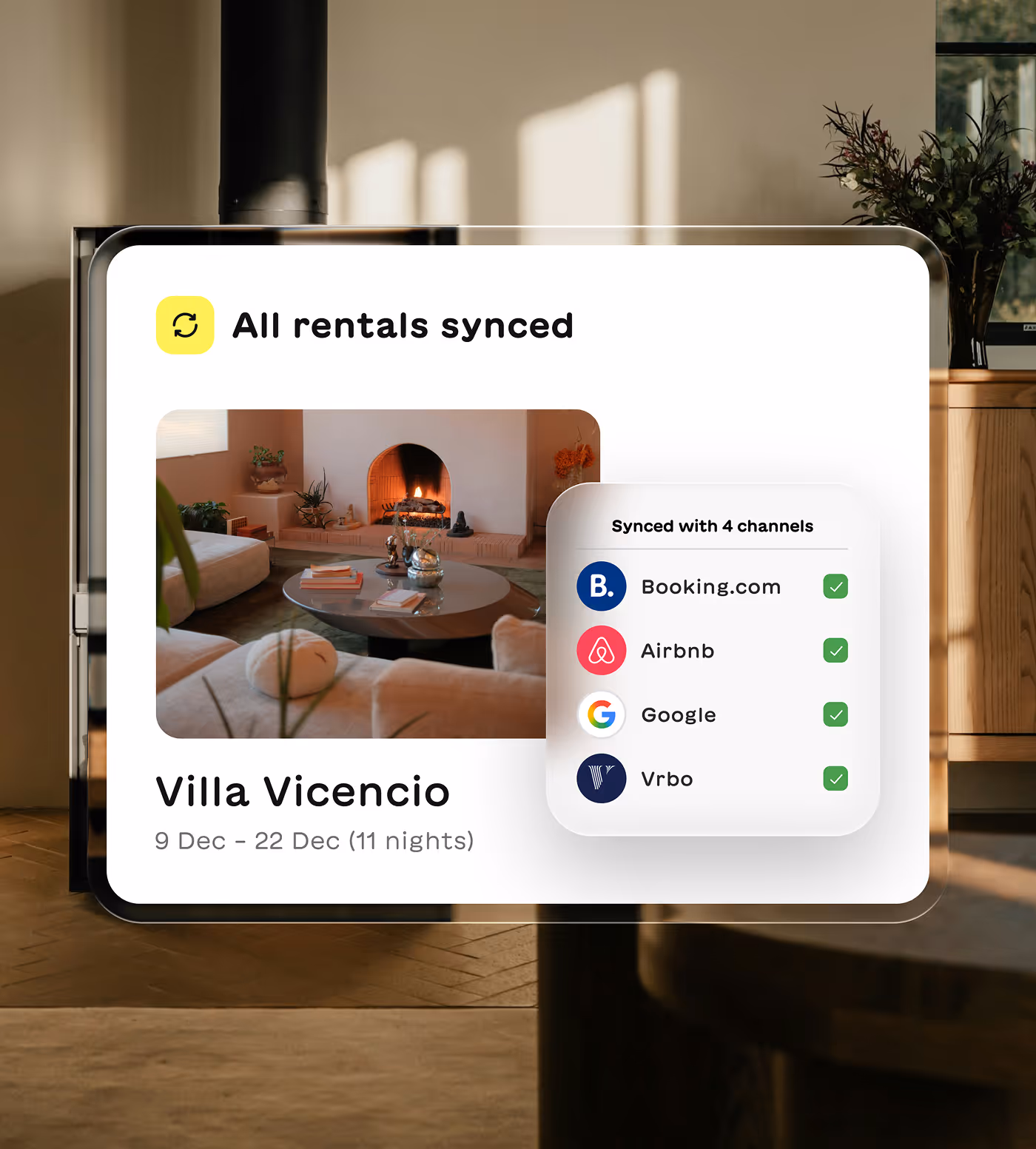 Property management interface showing Villa Vicencio rental synced across Booking.com, Airbnb, Google, and Vrbo for 9 to 22 December (11 nights), with an image of a cozy living room with a fireplace.
