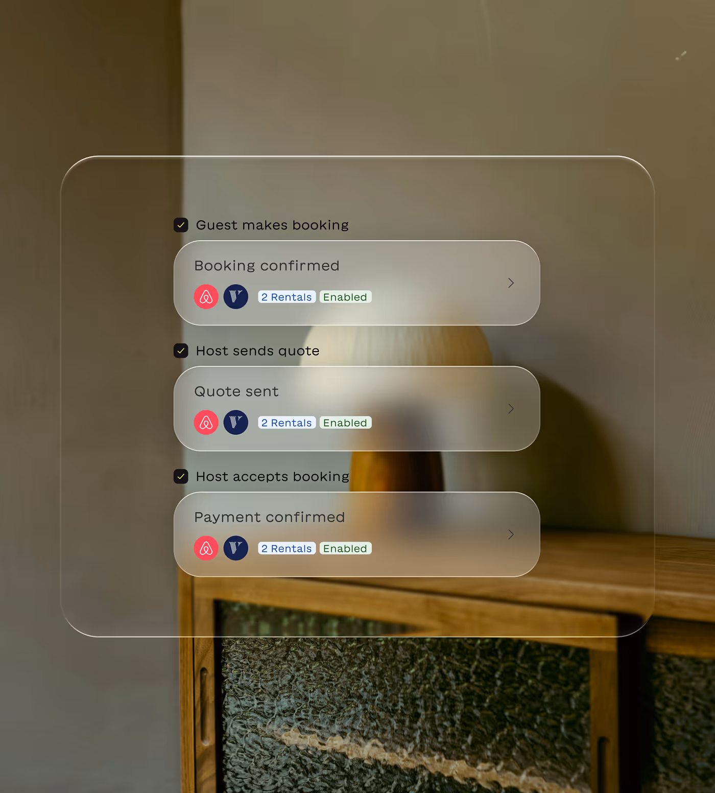 Transparent interface overlay showing booking process steps: guest makes booking, host sends quote, and host accepts booking, each marked complete with status tags.