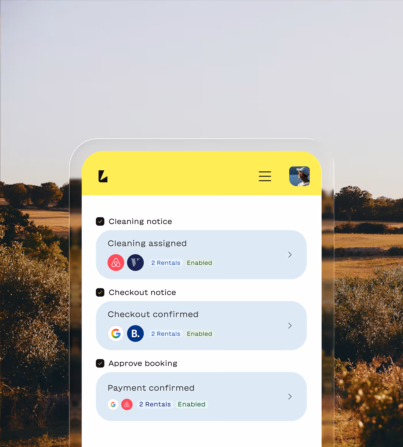 Mobile app screen showing property management notifications for cleaning assigned, checkout confirmed, and payment confirmed with rental platform icons and enabled status.