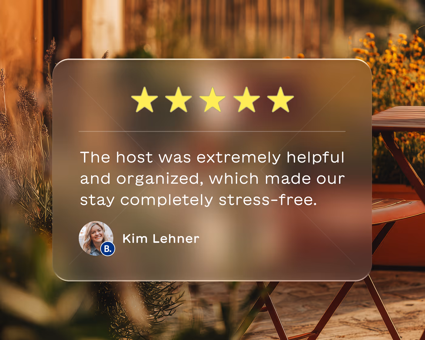 Five-star review stating the host was extremely helpful and organized, making the stay stress-free, attributed to Kim Lehner.