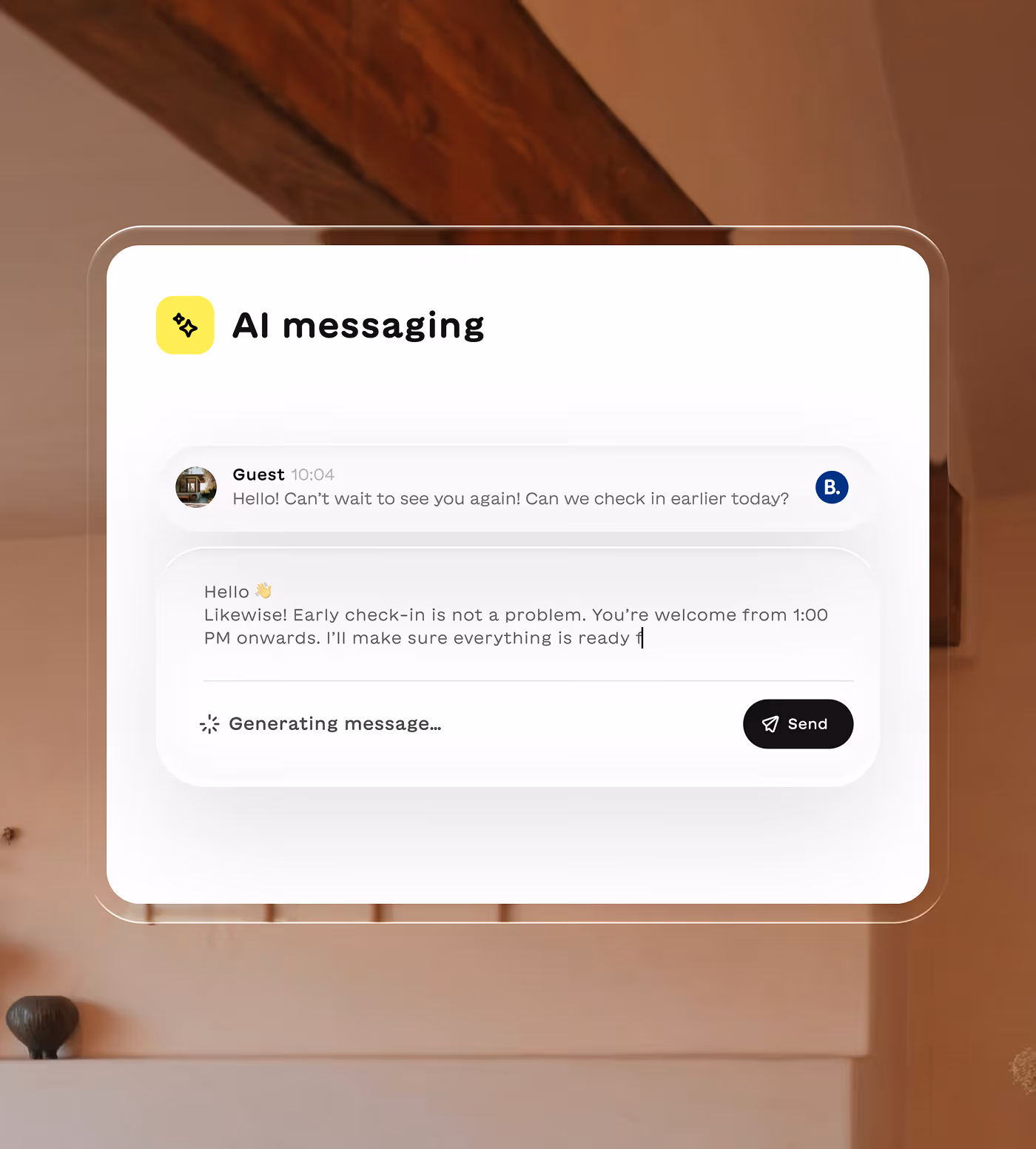 Chat interface titled AI messaging showing guest requesting early check-in and AI generating a response confirming 1:00 PM onwards.