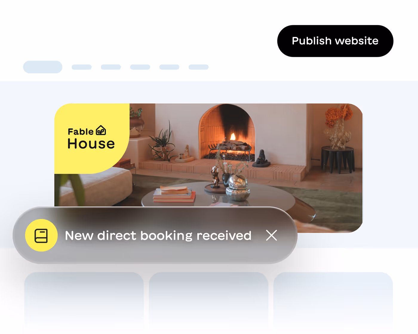 Notification on a website interface showing 'New direct booking received' with a background image of a cozy living room featuring a fireplace and modern decor.