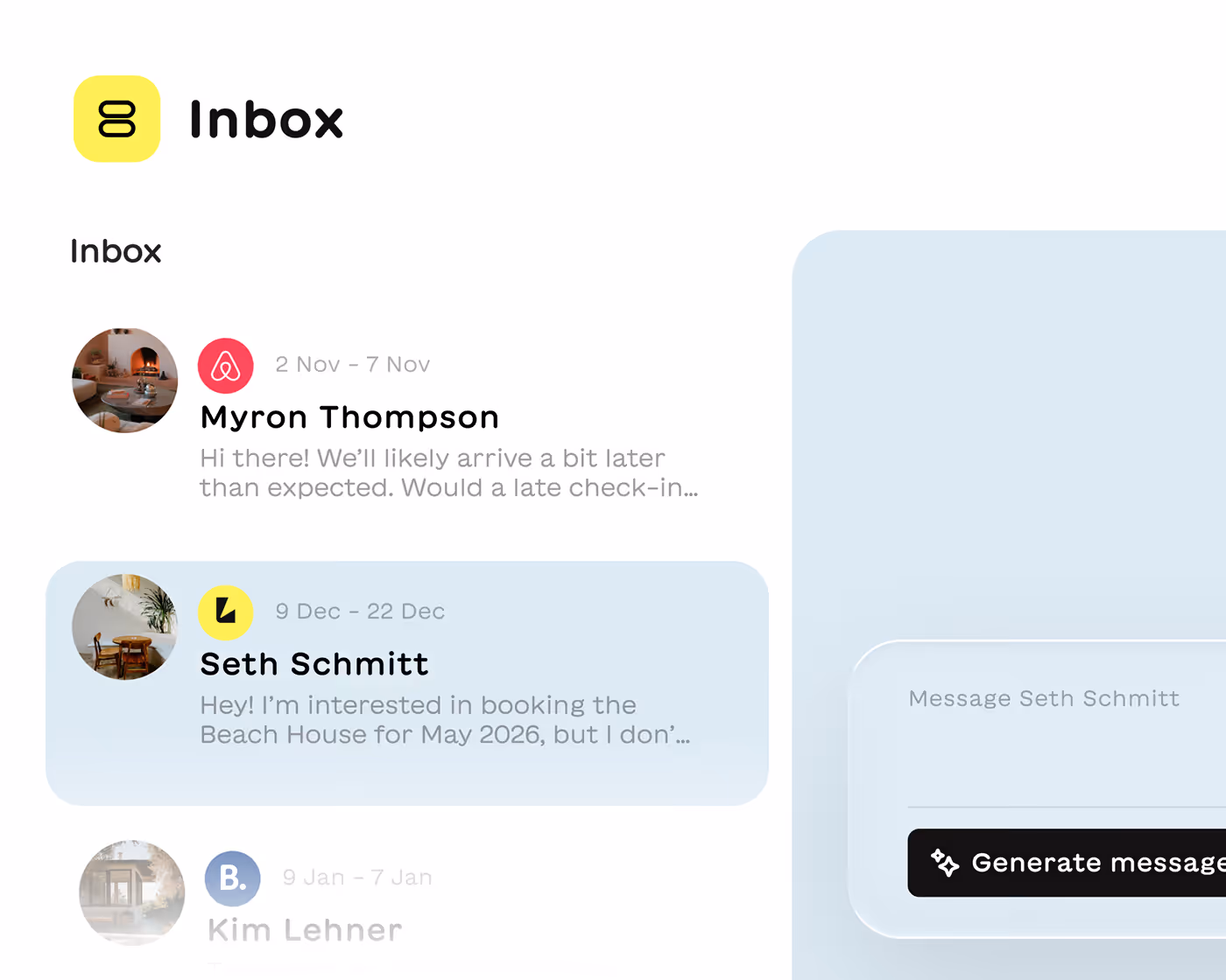 Booking management inbox interface showing messages from Myron Thompson, Seth Schmitt, and Kim Lehner with message previews and dates.