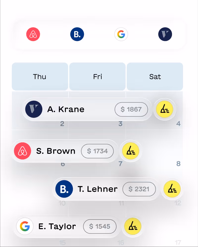 Booking schedule showing names A. Krane, S. Brown, T. Lehner, and E. Taylor with associated company icons, prices, and booking status icons under Thursday, Friday, and Saturday columns.