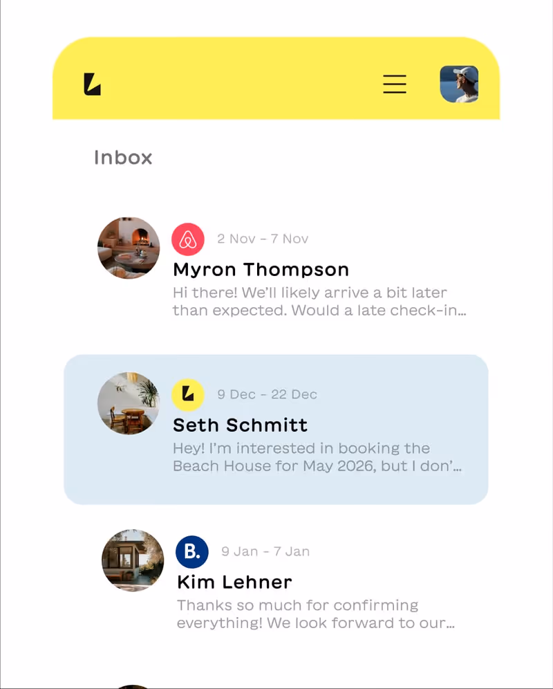 Mobile screen displaying an inbox with messages from Myron Thompson, Seth Schmitt, and Kim Lehner, each with profile pictures and date ranges.