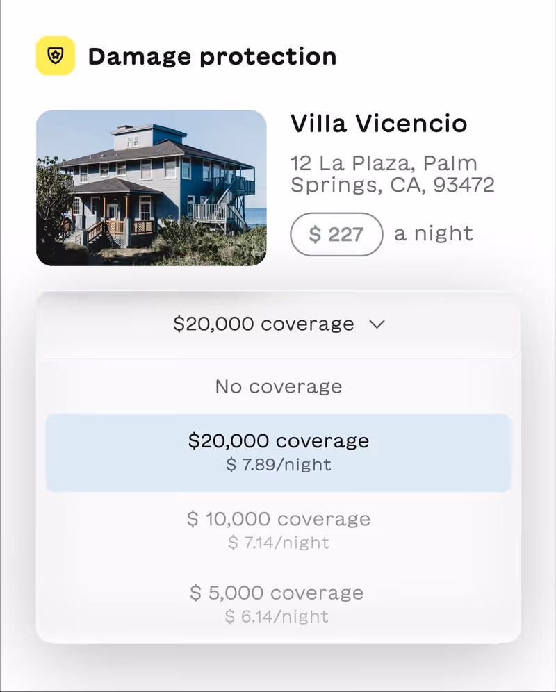 Damage protection option for Villa Vicencio at 12 La Plaza, Palm Springs, CA, priced at $227 a night, with selectable coverage levels of $20,000, $10,000, and $5,000.