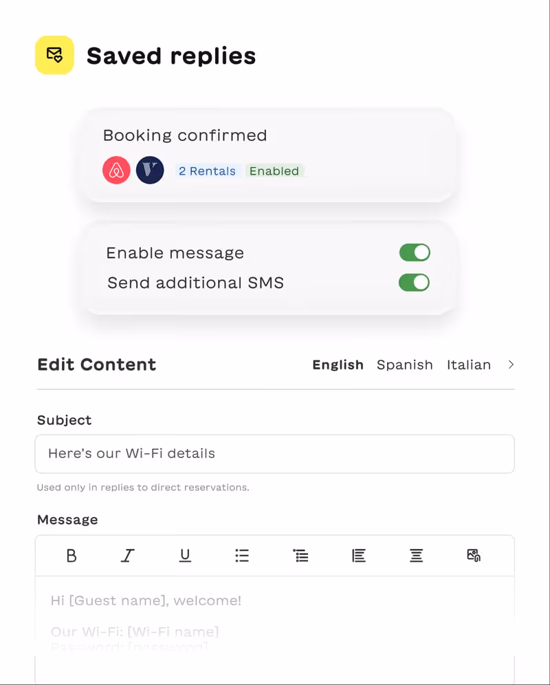 User interface for saved replies showing 'Booking confirmed' for 2 rentals enabled, toggles for enabling message and sending additional SMS, and editable content with subject 'Here’s our Wi-Fi details' and a partially visible welcome message.