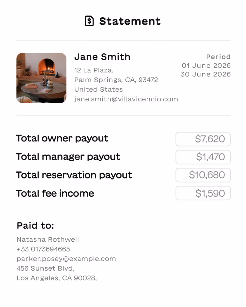 Financial statement for Jane Smith from 01 to 30 June 2026 showing total owner payout $7,620, manager payout $1,470, reservation payout $10,680, and fee income $1,590, paid to Natasha Rothwell in Los Angeles.