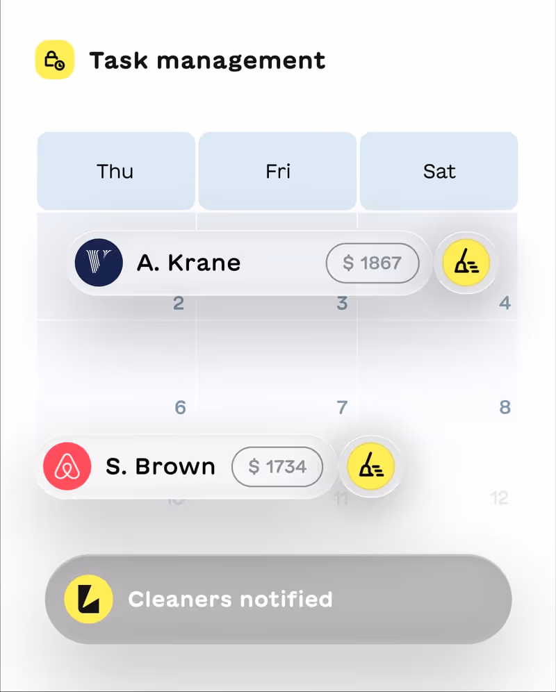Task management interface showing cleaning assignments for A. Krane and S. Brown with earnings and notification status.