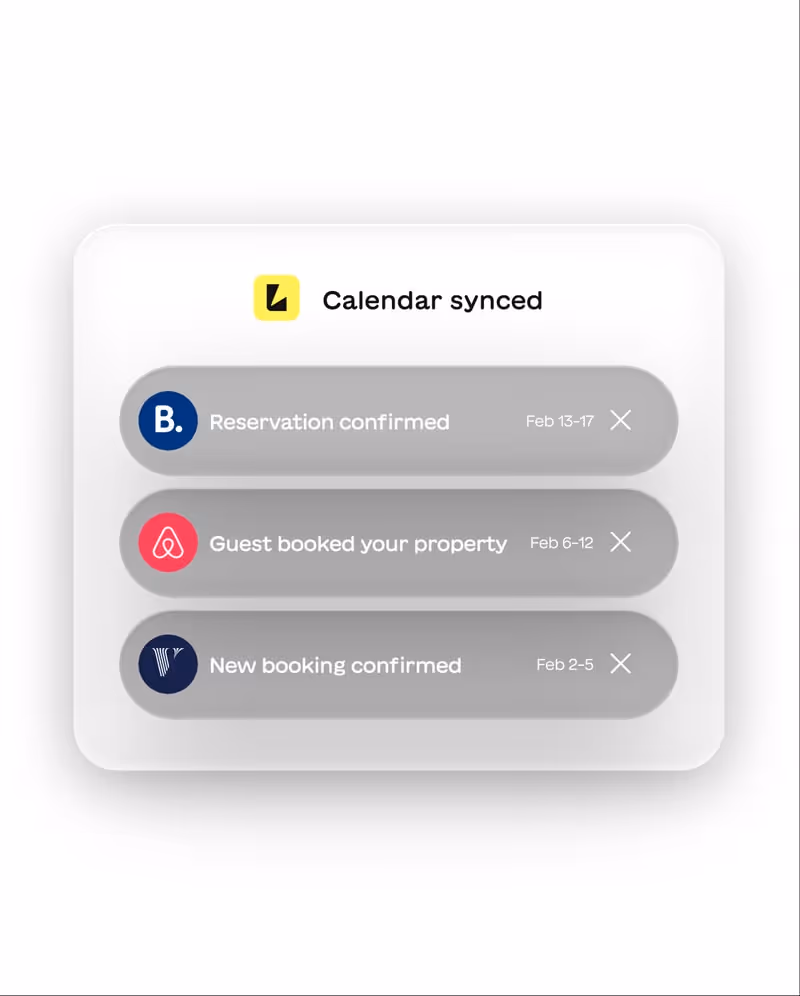 Interface showing calendar synced notifications with three entries: Reservation confirmed Feb 13-17, Guest booked your property Feb 6-12, New booking confirmed Feb 2-5.