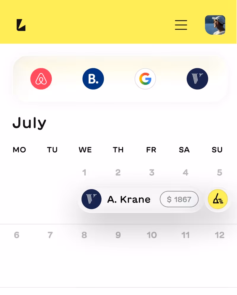 Calendar interface for July showing a booking on Wednesday the 1st, with a user named A. Krane and a price of $1867.