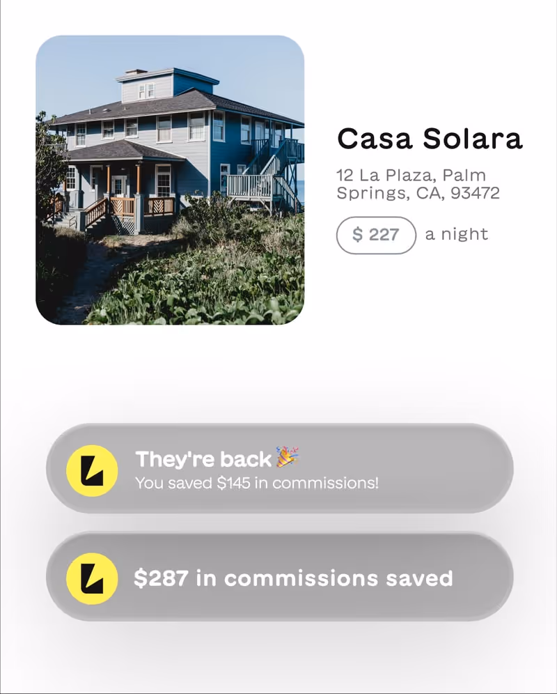 Blue two-story house named Casa Solara at 12 La Plaza, Palm Springs, priced at $227 a night, with commission savings messages showing $145 and $287 saved.