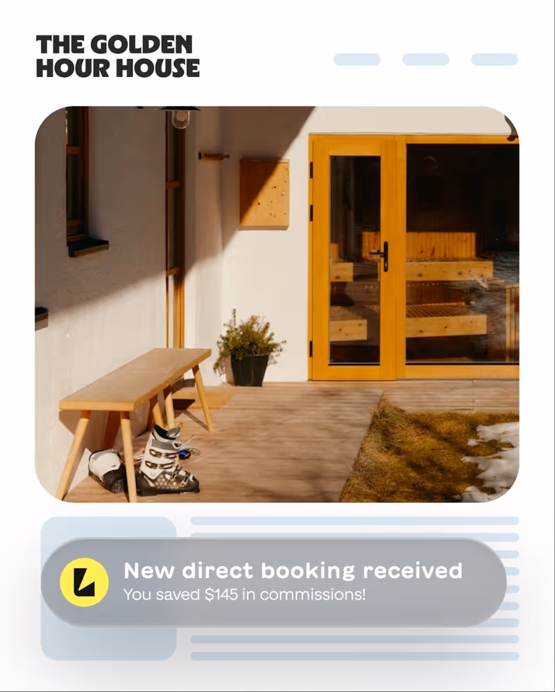 Sunny porch of The Golden Hour House with a wooden bench, ski boots on the floor, and yellow-framed glass doors leading inside where wooden furniture is visible.