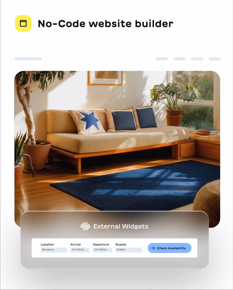 Bright living room with a beige sofa, blue star pillow, potted plants, and a dark blue rug, showcasing a no-code website builder widget for booking with location, arrival, departure, and guests input fields.