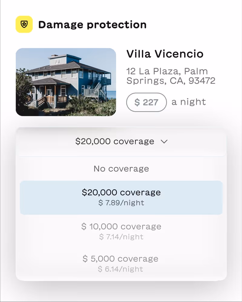 Damage protection options for Villa Vicencio rental at 12 La Plaza, Palm Springs, CA, $227 a night, with coverage levels from no coverage to $20,000 coverage costing $7.89 per night.