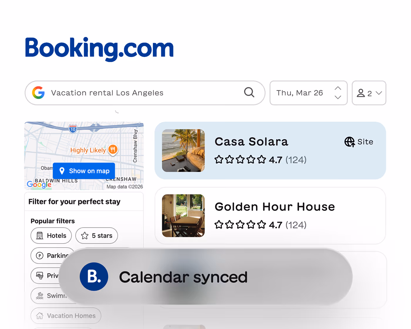 Booking.com search page for vacation rental in Los Angeles with filters, map, and listings for Casa Solara and Golden Hour House, showing a notification 'Calendar synced'.