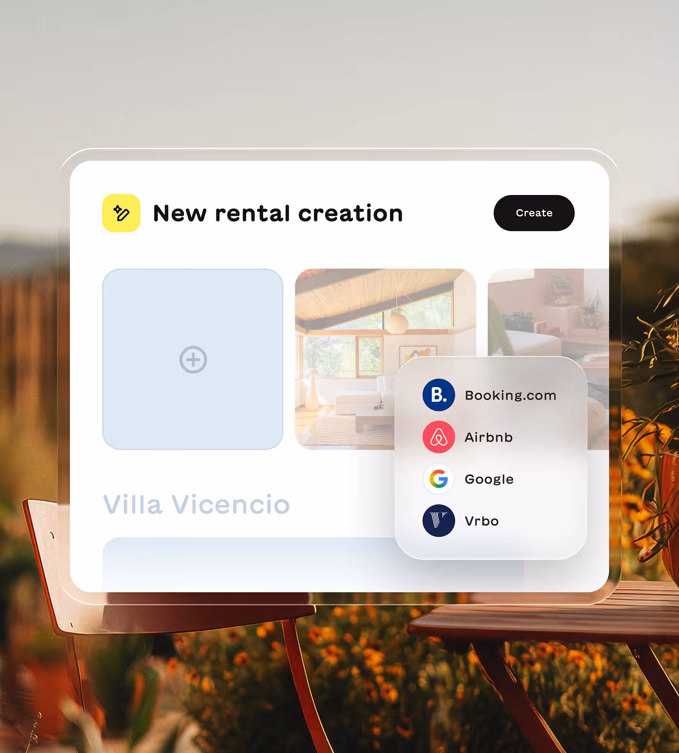 User interface for creating a new rental listing named Villa Vicencio with options to upload photos and connect to Booking.com, Airbnb, Google, and Vrbo channels.