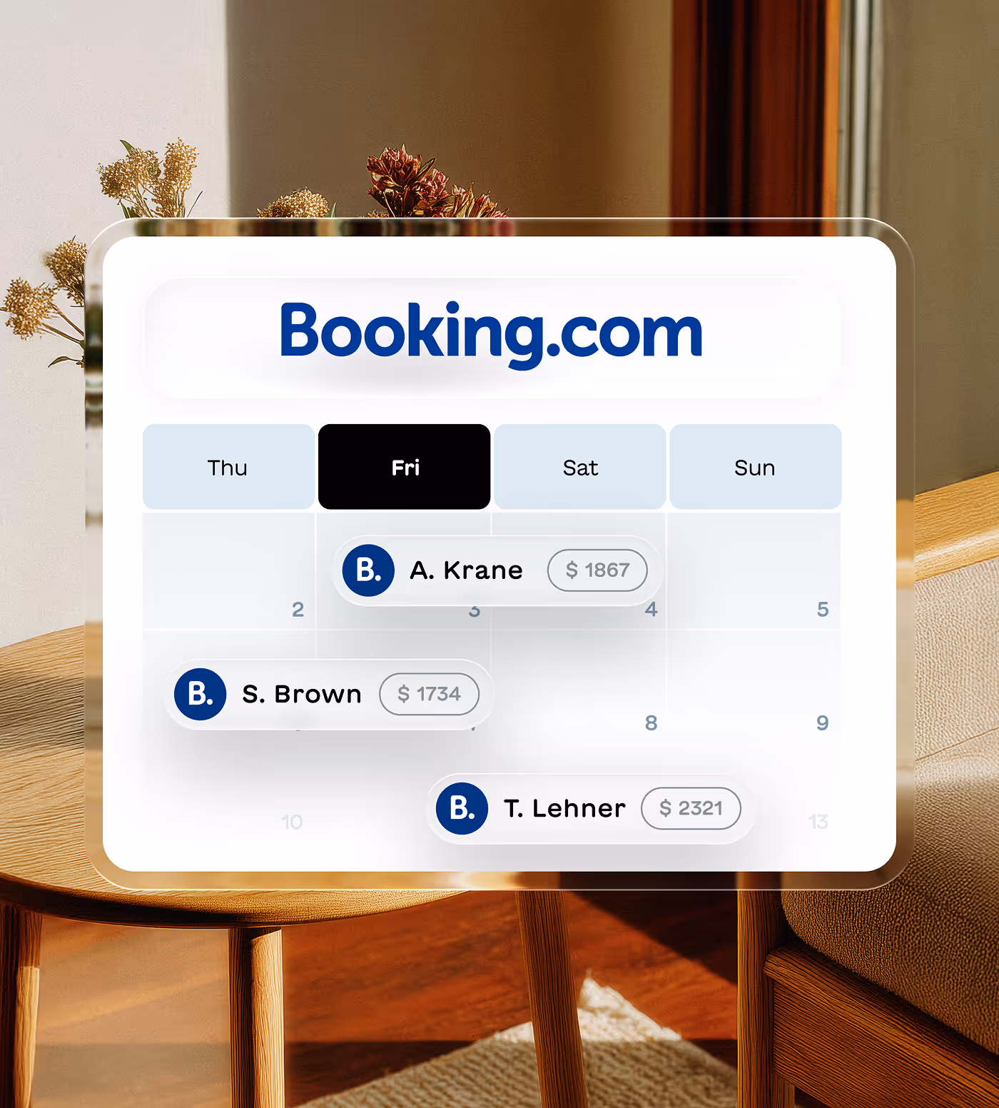 Booking.com calendar interface showing bookings for Thu to Sun with guests A. Krane, S. Brown, and T. Lehner and their respective prices.