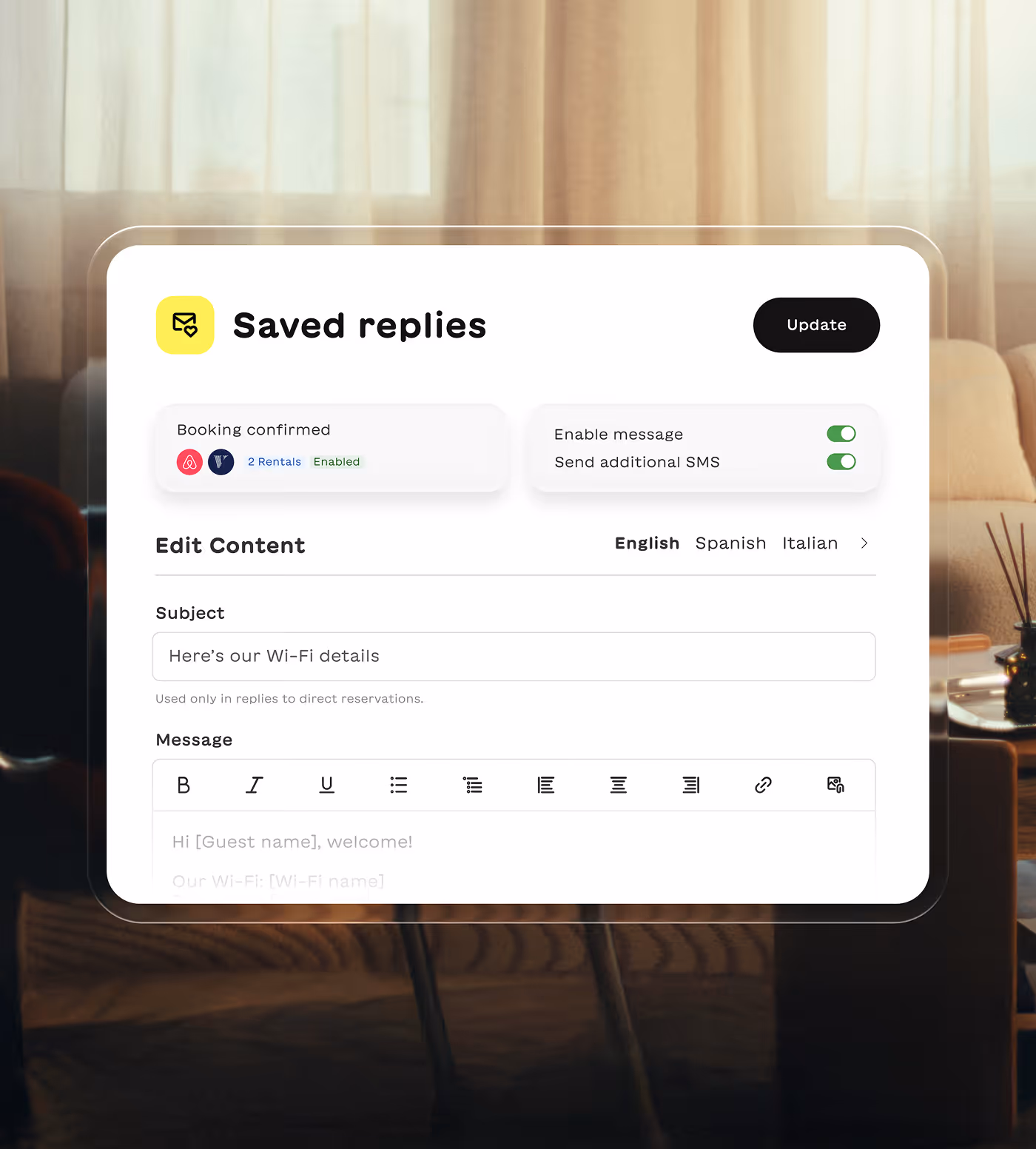 User interface screen showing saved replies settings for booking confirmation with options to enable message and send additional SMS, and editable message content in English.