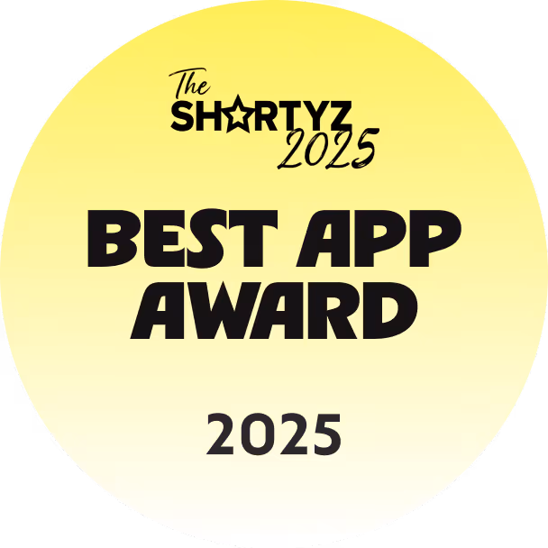 The Shortyz 2025 Best App Award badge with a yellow gradient background.
