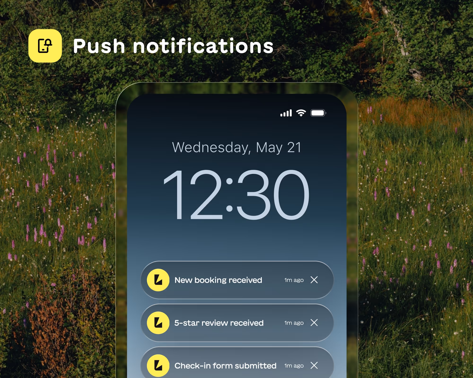 Smartphone screen showing push notifications for new booking received, 5-star review received, and check-in form submitted, with the time 12:30 on Wednesday, May 21.