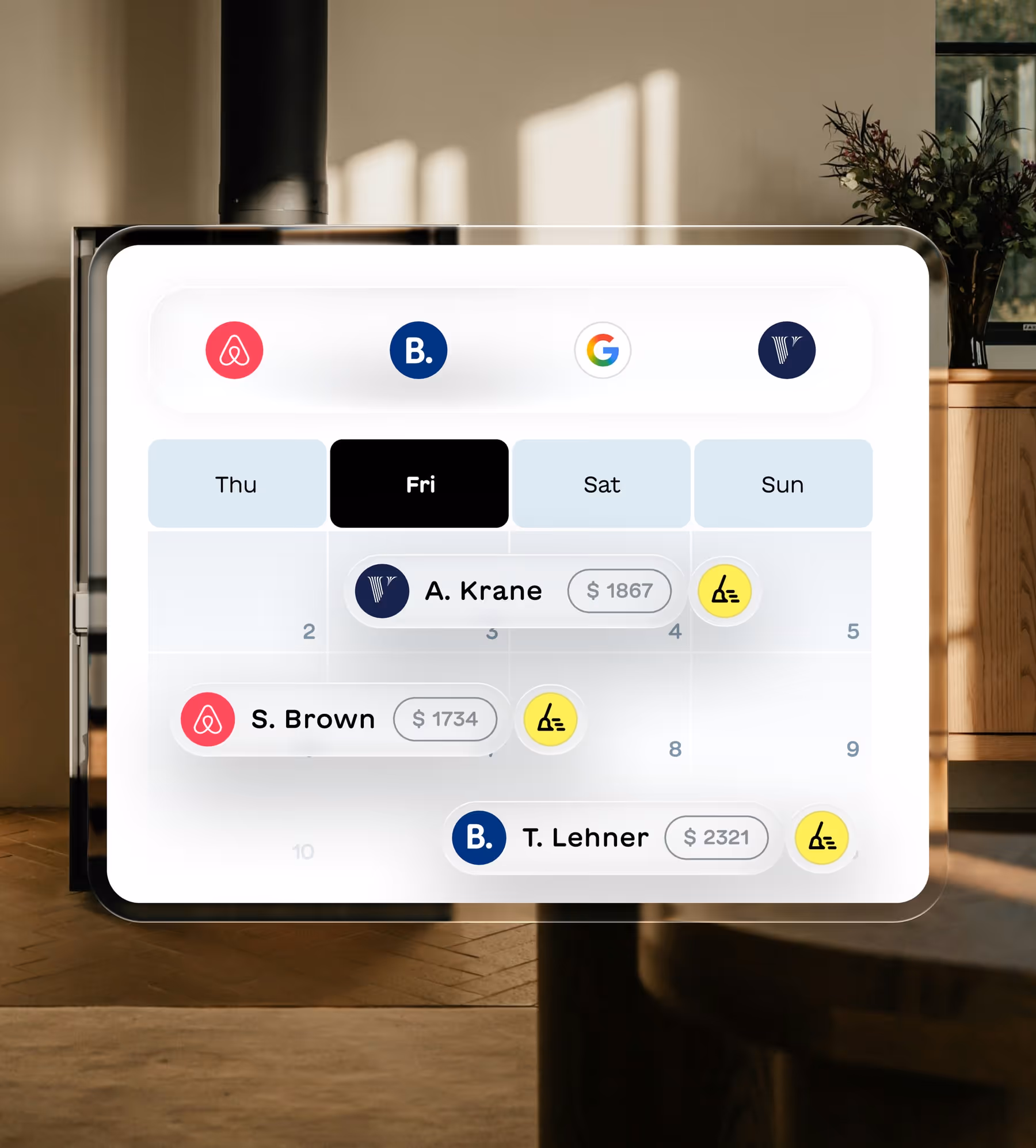 Digital booking calendar showing reservations with guest names, prices, dates, and platform icons for Airbnb, Booking.com, Google, and Vrbo.