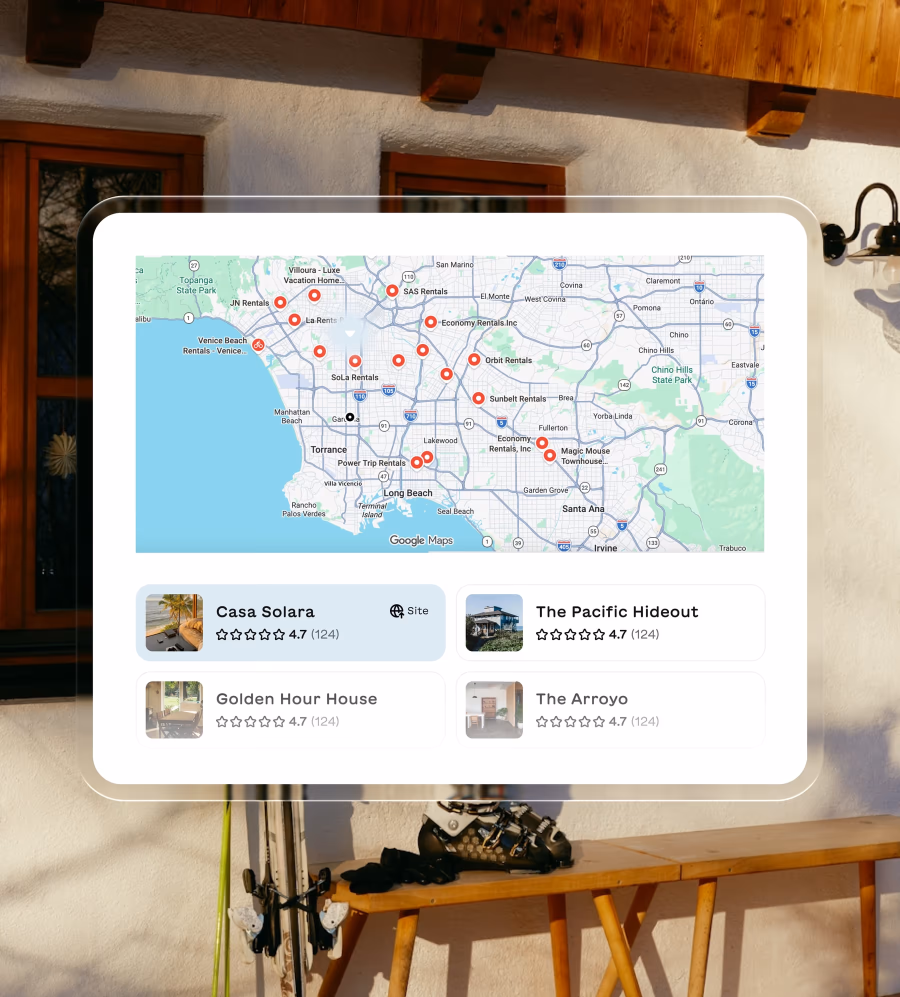 Map of Southern California with red location pins for rental properties and a list of properties including Casa Solara, The Pacific Hideout, Golden Hour House, and The Arroyo, each with a 4.7-star rating from 124 reviews.